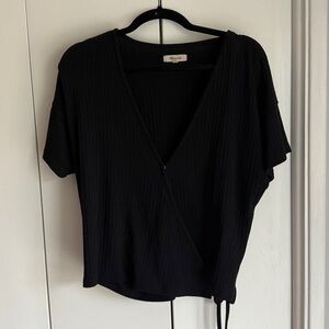 Madewell Black Ribbed Wrap Top With Side Tie
